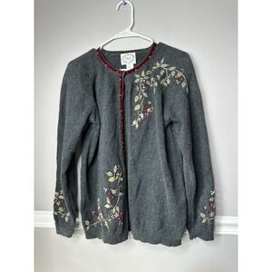 VTG Stitches Christmas Cardigan Sweater Velvet Trim Embroidered Sz Medium‎ Gray